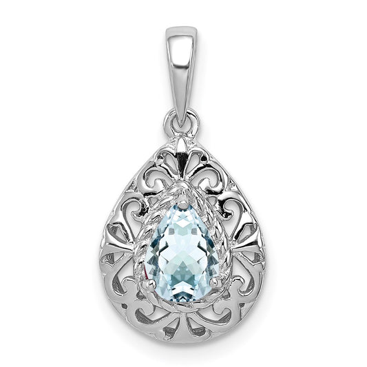 GSS Sterling Silver Rhodium Plated Aquamarine Teardrop Pendant