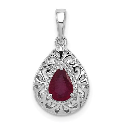 GSSP Sterling Silver Rhodium Plated Ruby Teardrop Pendant