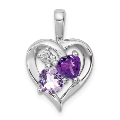 GSS Sterling Silver RH Plated Amethyst Light Pink Quartz and Diamond Pendant
