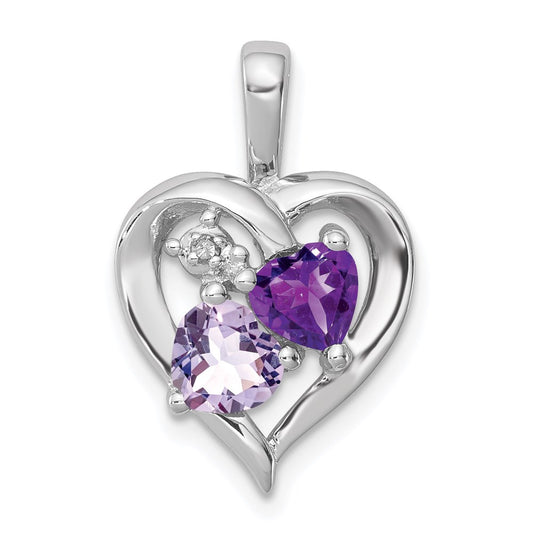 GSS Sterling Silver RH Plated Amethyst Light Pink Quartz and Diamond Pendant