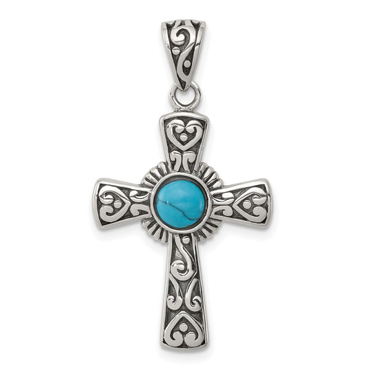 GSS Sterling Silver Antiqued Recon Turquoise Cross Pendant