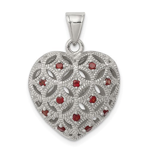 GSS Sterling Silver Rhodium-plated w/Garnet Heart Pendant