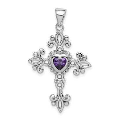 GSS Sterling Silver Rhodium-plated Amethyst Cross Pendant