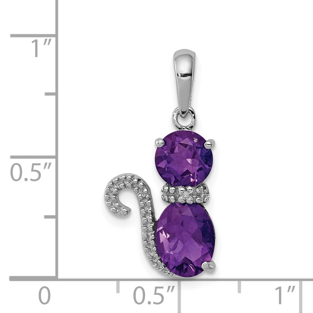 GSS Sterling Silver Rhodium-plated Amethyst and Diamond Cat Pendant