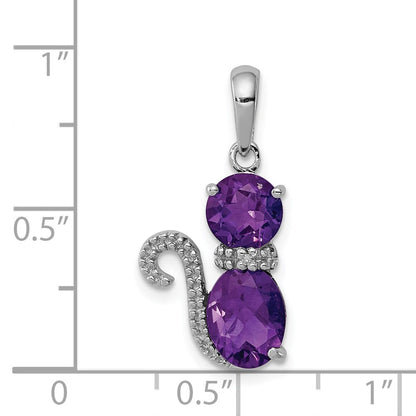 GSS Sterling Silver Rhodium-plated Amethyst and Diamond Cat Pendant