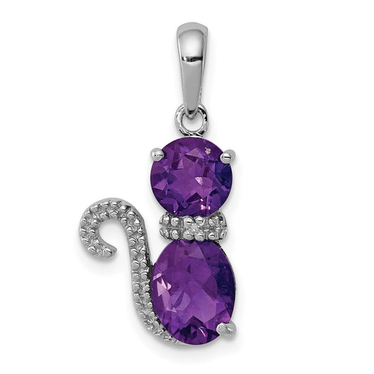 GSS Sterling Silver Rhodium-plated Amethyst and Diamond Cat Pendant