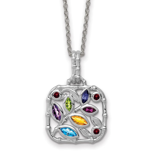 Sterling Silver Rh-pl Multi Gemstone Necklace