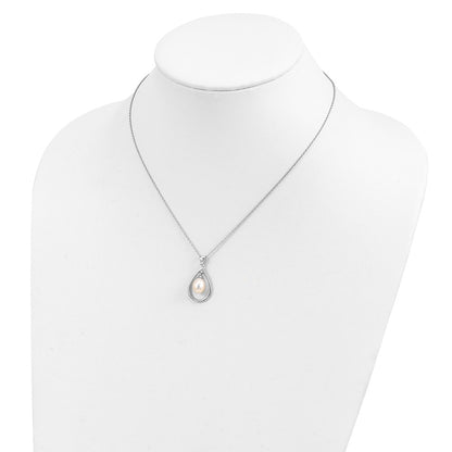 PSSN Sterling Silver Rhodium-plated 7-8mm White Teardrop Freshwater Cultured Pearl 17 inch Necklace