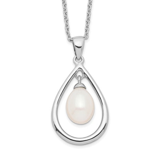 PSSN Sterling Silver Rhodium-plated 7-8mm White Teardrop Freshwater Cultured Pearl 17 inch Necklace