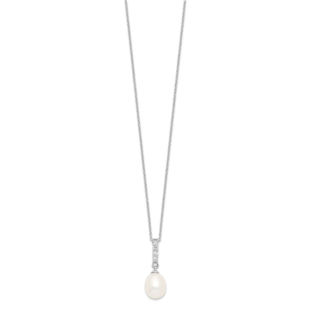 PSSN Sterling Silver Rhodium-plated 8-9mm White Teardrop Freshwater Cultured Pearl and CZ 17 inch Necklace