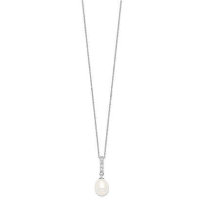 PSSN Sterling Silver Rhodium-plated 8-9mm White Teardrop Freshwater Cultured Pearl and CZ 17 inch Necklace