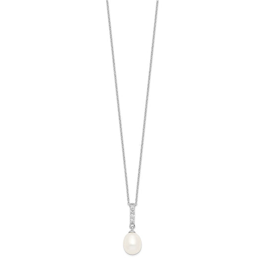 PSSN Sterling Silver Rhodium-plated 8-9mm White Teardrop Freshwater Cultured Pearl and CZ 17 inch Necklace