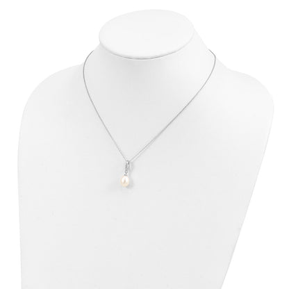 PSSN Sterling Silver Rhodium-plated 8-9mm White Teardrop Freshwater Cultured Pearl and CZ 17 inch Necklace