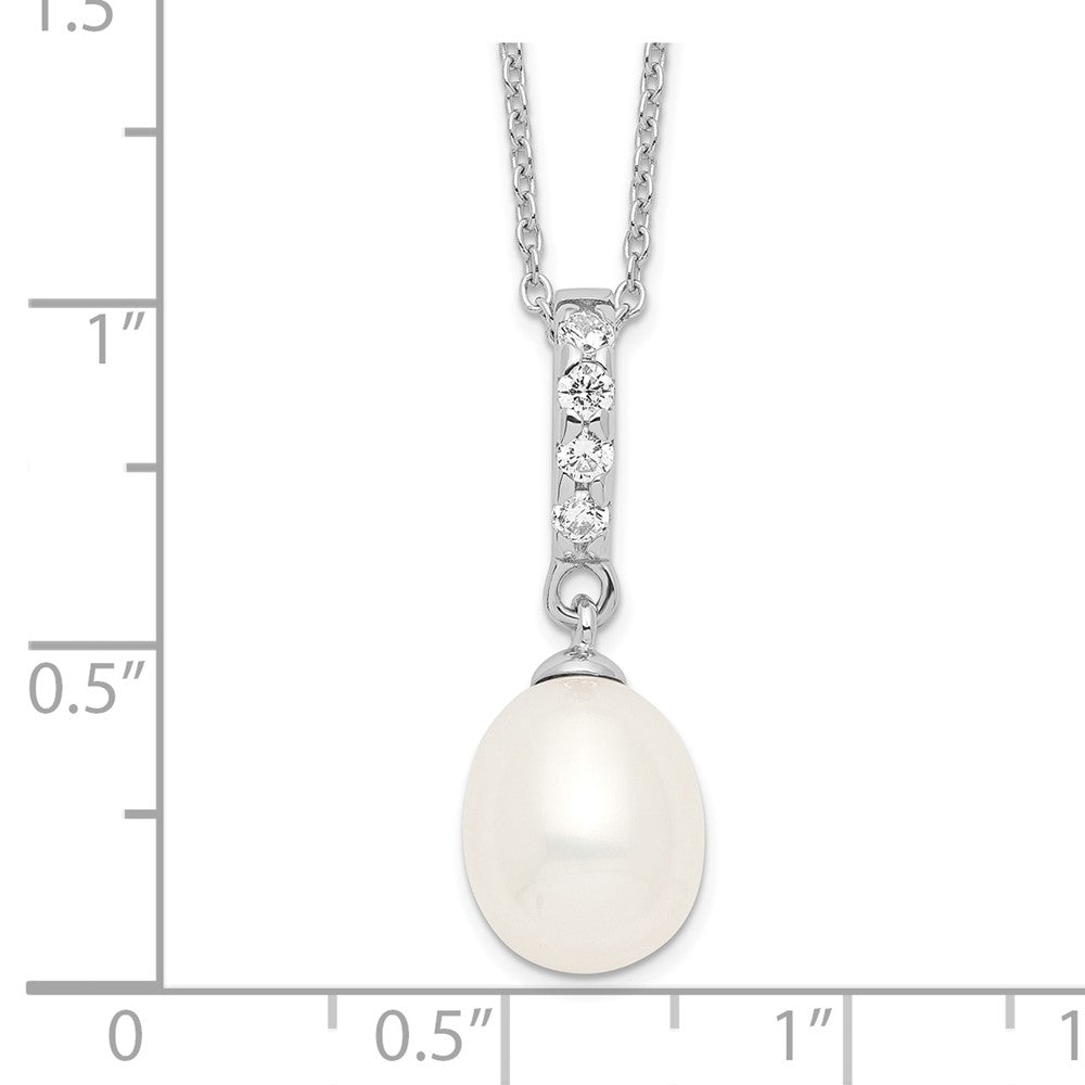 PSSN Sterling Silver Rhodium-plated 8-9mm White Teardrop Freshwater Cultured Pearl and CZ 17 inch Necklace