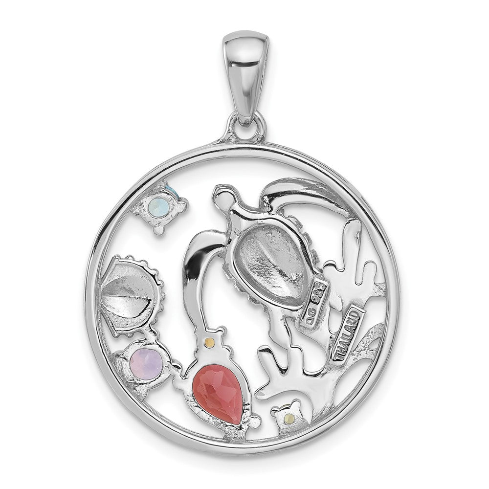 Sterling Silver Rhodium-plated Polished Rainbow Multi-Gemstone Sea Turtle Pendant