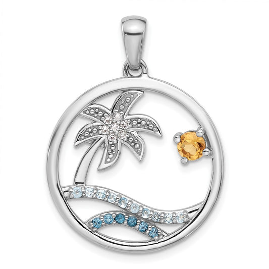 Sterling Silver Rhodium-plated Polished Rainbow Multi-Gemstone Ocean Palm Tree Pendant