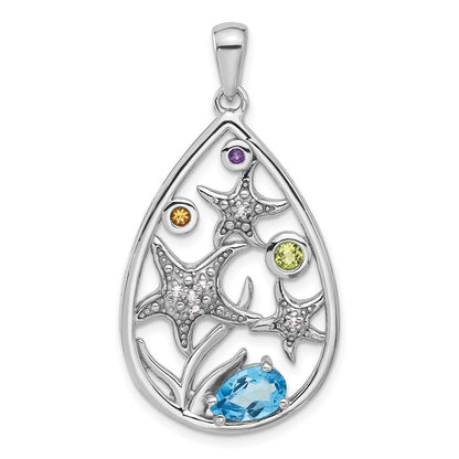 Sterling Silver Rhodium-plated Polished Rainbow Multi-Gemstone Starfish Pendant