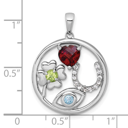 SS RH-plated Polished Multi Gemstone Good Luck Pendant