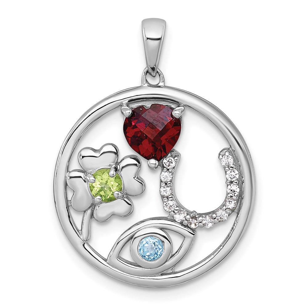 SS RH-plated Polished Multi Gemstone Good Luck Pendant