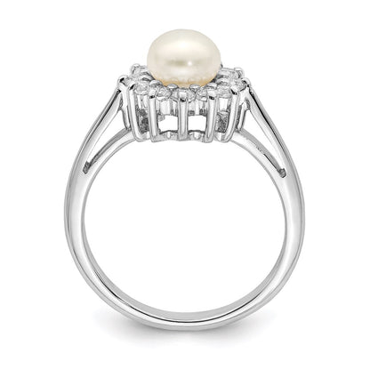 PSSR Sterling Silver Rhodium Plated CZ and FW Cultured Pearl Ring