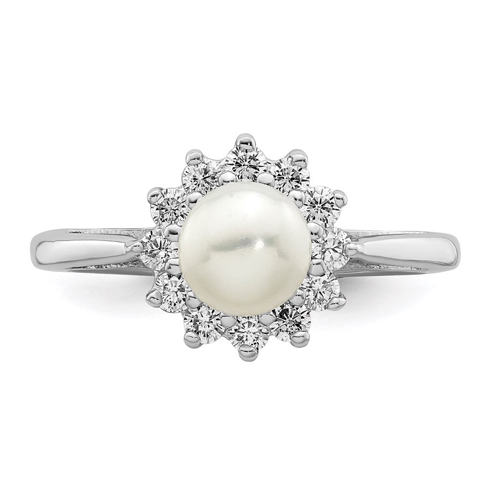 PSSR Sterling Silver Rhodium Plated CZ and FW Cultured Pearl Ring