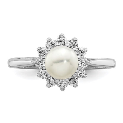 PSSR Sterling Silver Rhodium Plated CZ and FW Cultured Pearl Ring