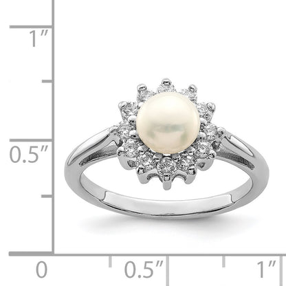 PSSR Sterling Silver Rhodium Plated CZ and FW Cultured Pearl Ring