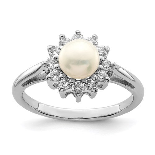 PSSR Sterling Silver Rhodium Plated CZ and FW Cultured Pearl Ring