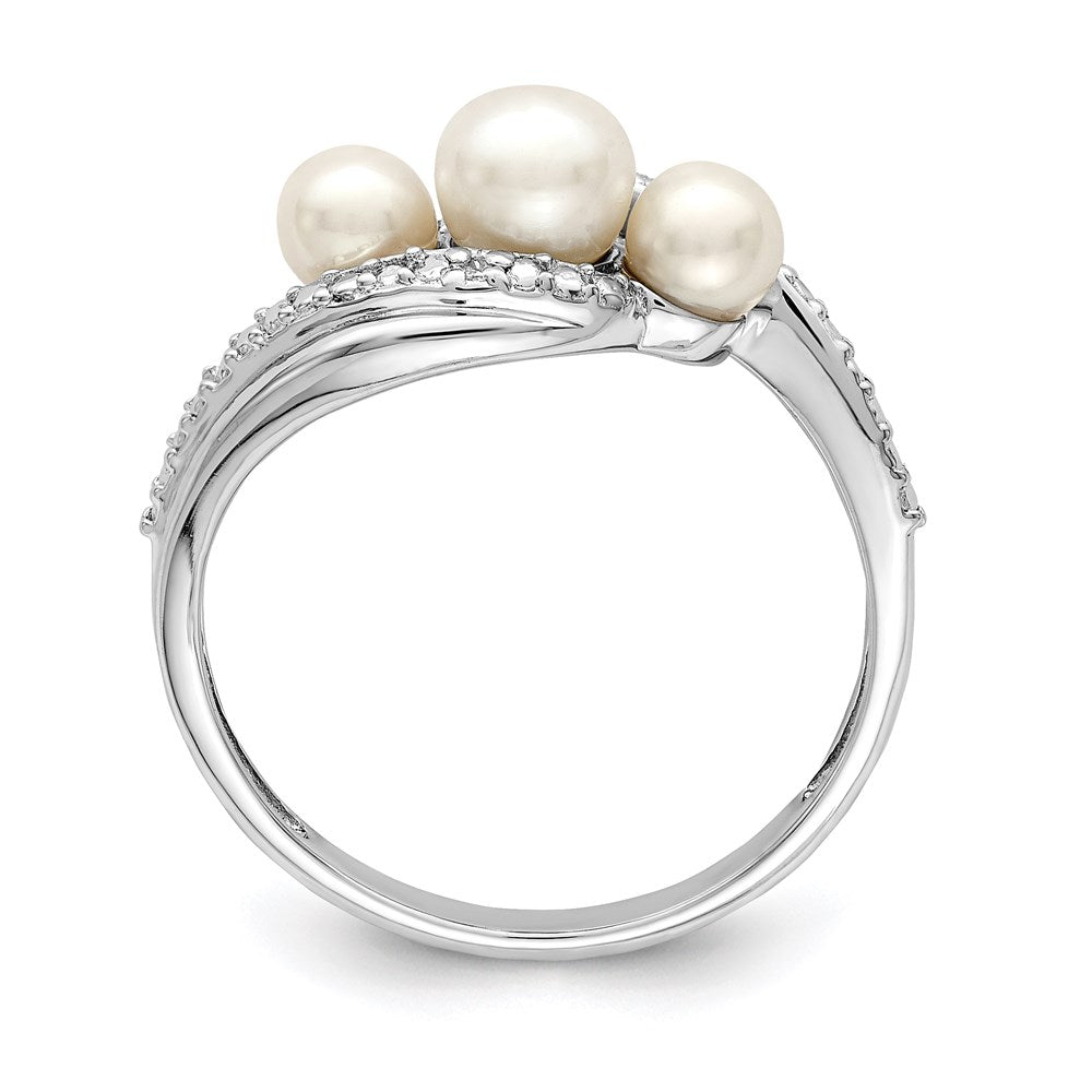 PSSR Sterling Silver Rhodium Plated Diamond and FW Cultured Pearl Ring