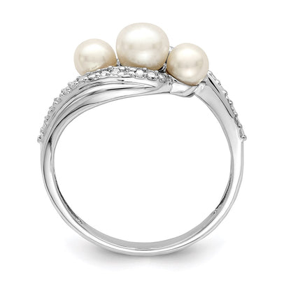 PSSR Sterling Silver Rhodium Plated Diamond and FW Cultured Pearl Ring