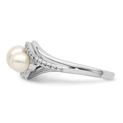 PSSR Sterling Silver Rhodium Plated Diamond and FW Cultured Pearl Ring