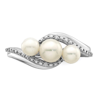 PSSR Sterling Silver Rhodium Plated Diamond and FW Cultured Pearl Ring