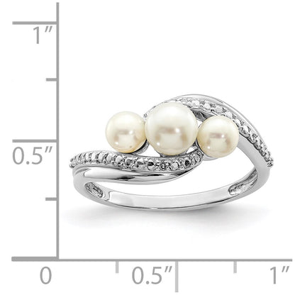 PSSR Sterling Silver Rhodium Plated Diamond and FW Cultured Pearl Ring