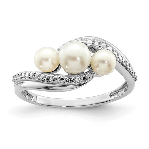 PSSR Sterling Silver Rhodium Plated Diamond and FW Cultured Pearl Ring