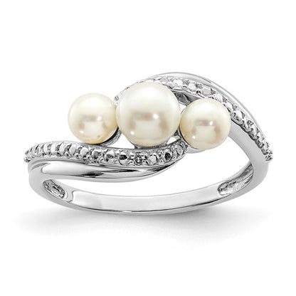 PSSR Sterling Silver Rhodium Plated Diamond and FW Cultured Pearl Ring