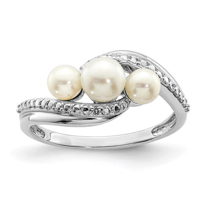 PSSR Sterling Silver Rhodium Plated Diamond and FW Cultured Pearl Ring