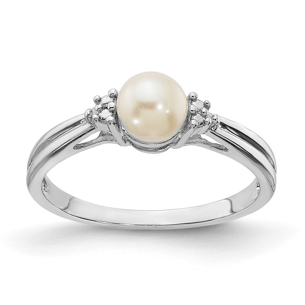 PSSR Sterling Silver Rhodium Plated Diamond and FW Cultured Pearl Ring