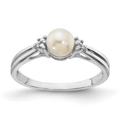 PSSR Sterling Silver Rhodium Plated Diamond and FW Cultured Pearl Ring