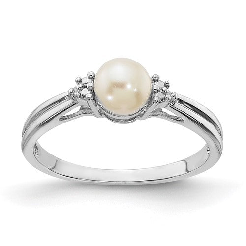 PSSR Sterling Silver Rhodium Plated Diamond and FW Cultured Pearl Ring