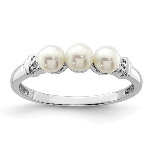 PSSR Sterling Silver Rhodium Plated Diamond and FW Cultured Pearl Ring
