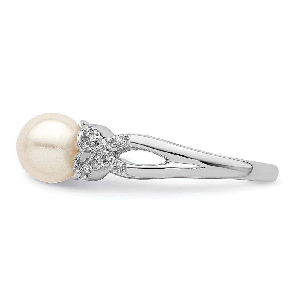 PSSR Sterling Silver Rhodium Plated Diamond and FW Cultured Pearl Ring