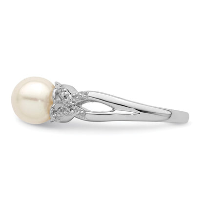 PSSR Sterling Silver Rhodium Plated Diamond and FW Cultured Pearl Ring