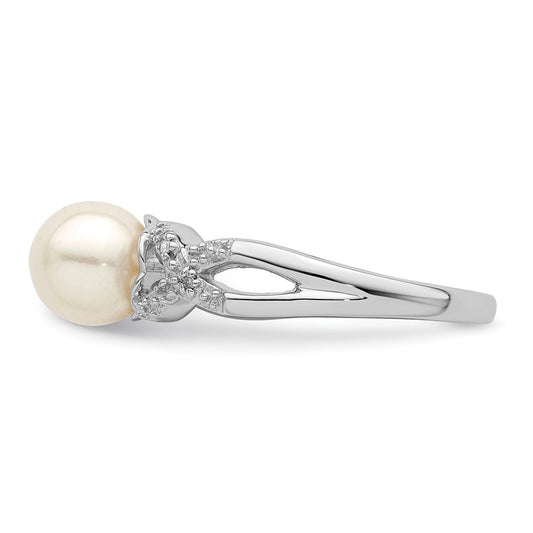 PSSR Sterling Silver Rhodium Plated Diamond and FW Cultured Pearl Ring