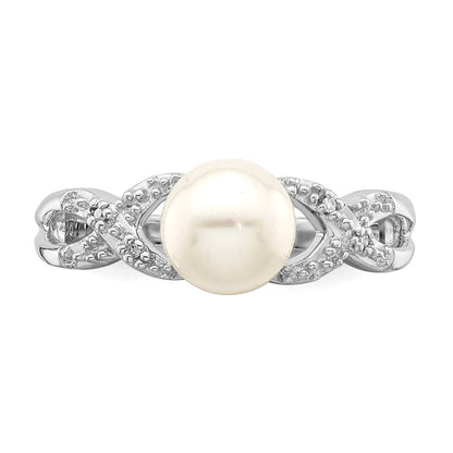 PSSR Sterling Silver Rhodium Plated Diamond and FW Cultured Pearl Ring