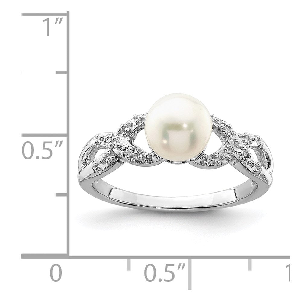 PSSR Sterling Silver Rhodium Plated Diamond and FW Cultured Pearl Ring