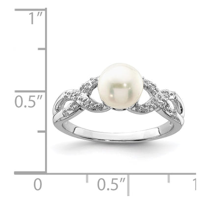 PSSR Sterling Silver Rhodium Plated Diamond and FW Cultured Pearl Ring