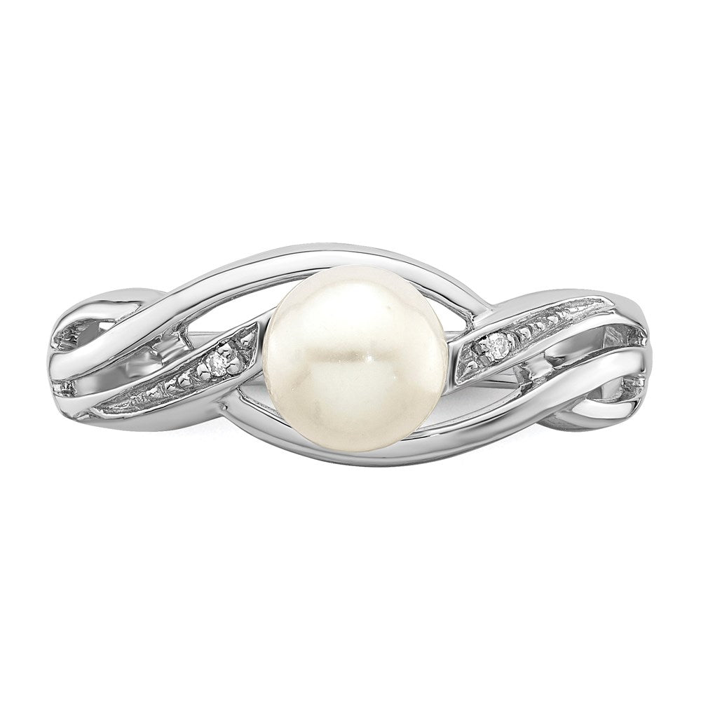 PSSR Sterling Silver Rhodium Plated Diamond and FW Cultured Pearl Ring