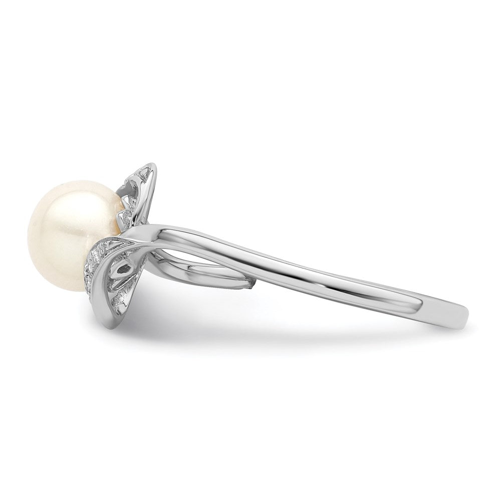 PSSR Sterling Silver Rhodium Plated Diamond and FW Cultured Pearl Ring