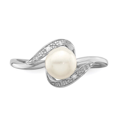 PSSR Sterling Silver Rhodium Plated Diamond and FW Cultured Pearl Ring
