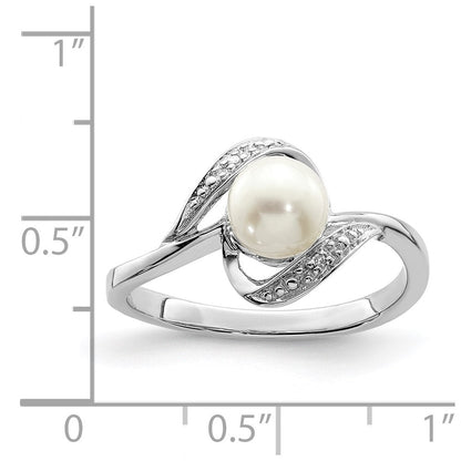 PSSR Sterling Silver Rhodium Plated Diamond and FW Cultured Pearl Ring